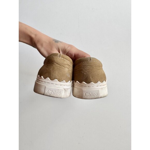 CHLOE Lauren Olive Green Nubuck Leather Scalloped Slip On Sneakers, Size 35 - Picture 10 of 16